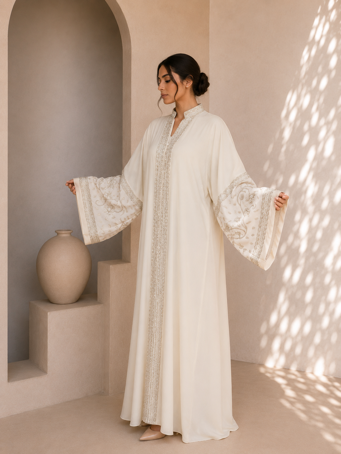 Sofia - Abaya écru brodée premium