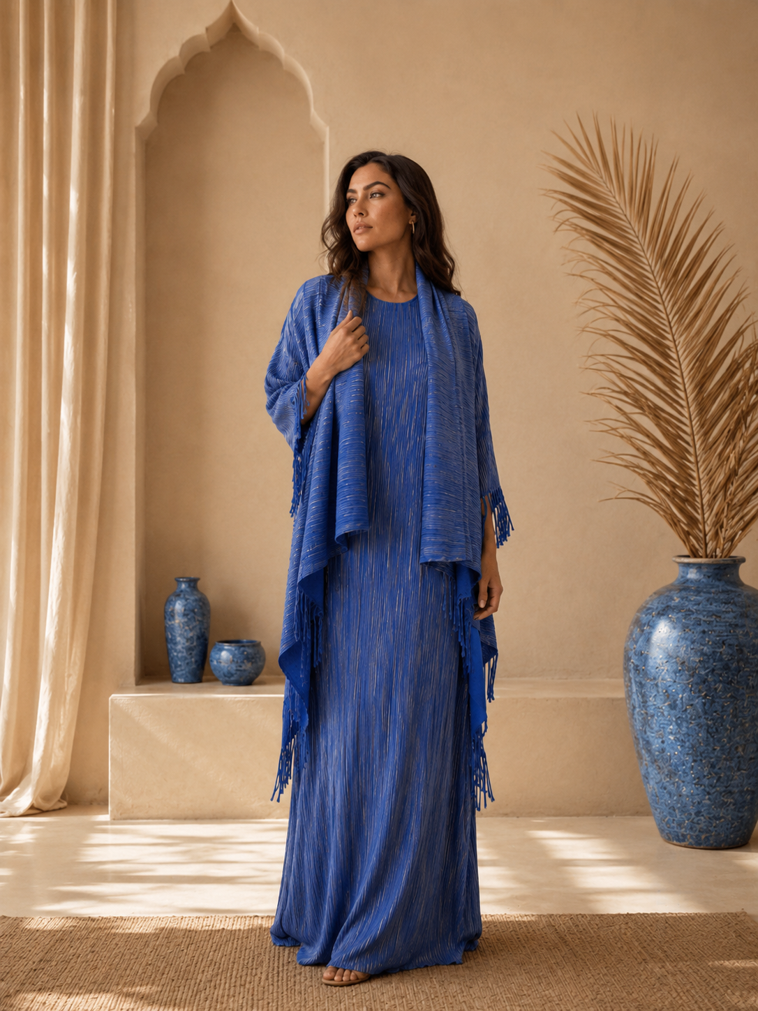 Nayla-Abaya Plissée Élégance – Robe Sans Manches & Kimono à Franges
