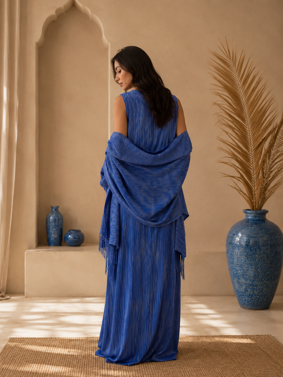 Nayla-Abaya Plissée Élégance – Robe Sans Manches & Kimono à Franges