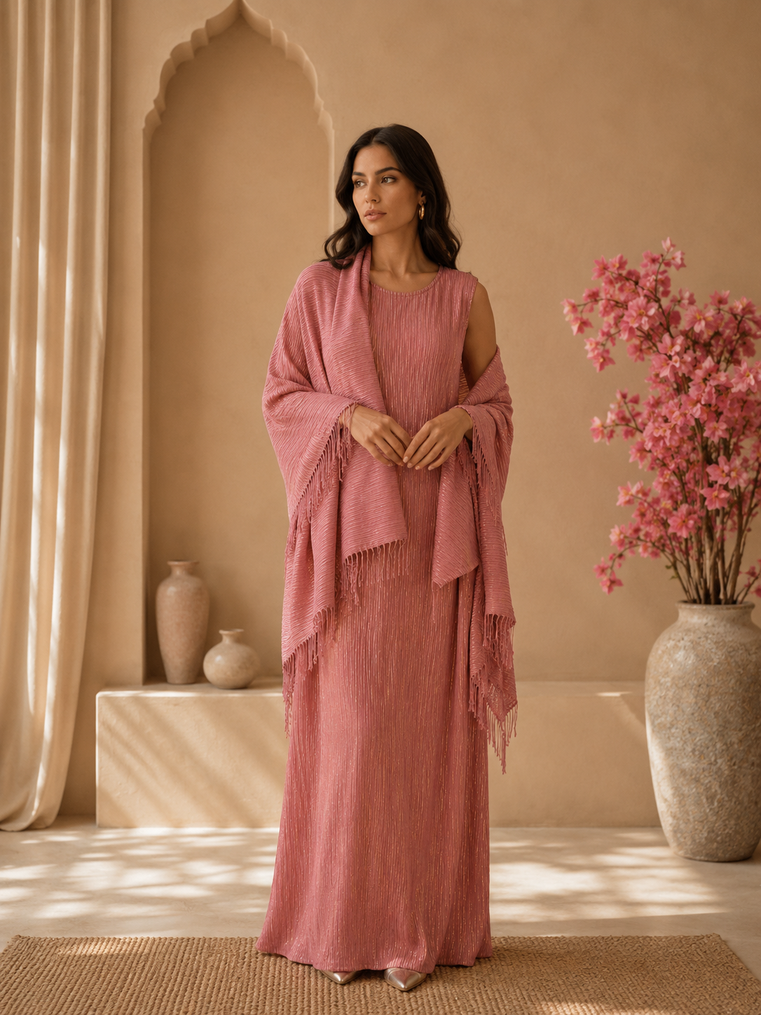 Nayla-Abaya Plissée Élégance – Robe Sans Manches & Kimono à Franges