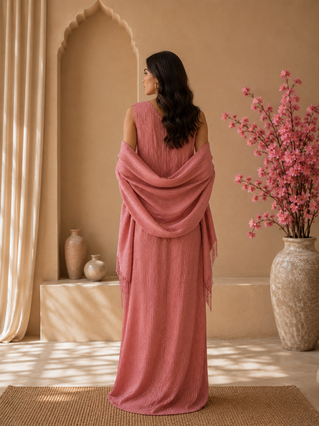 Nayla-Abaya Plissée Élégance – Robe Sans Manches & Kimono à Franges