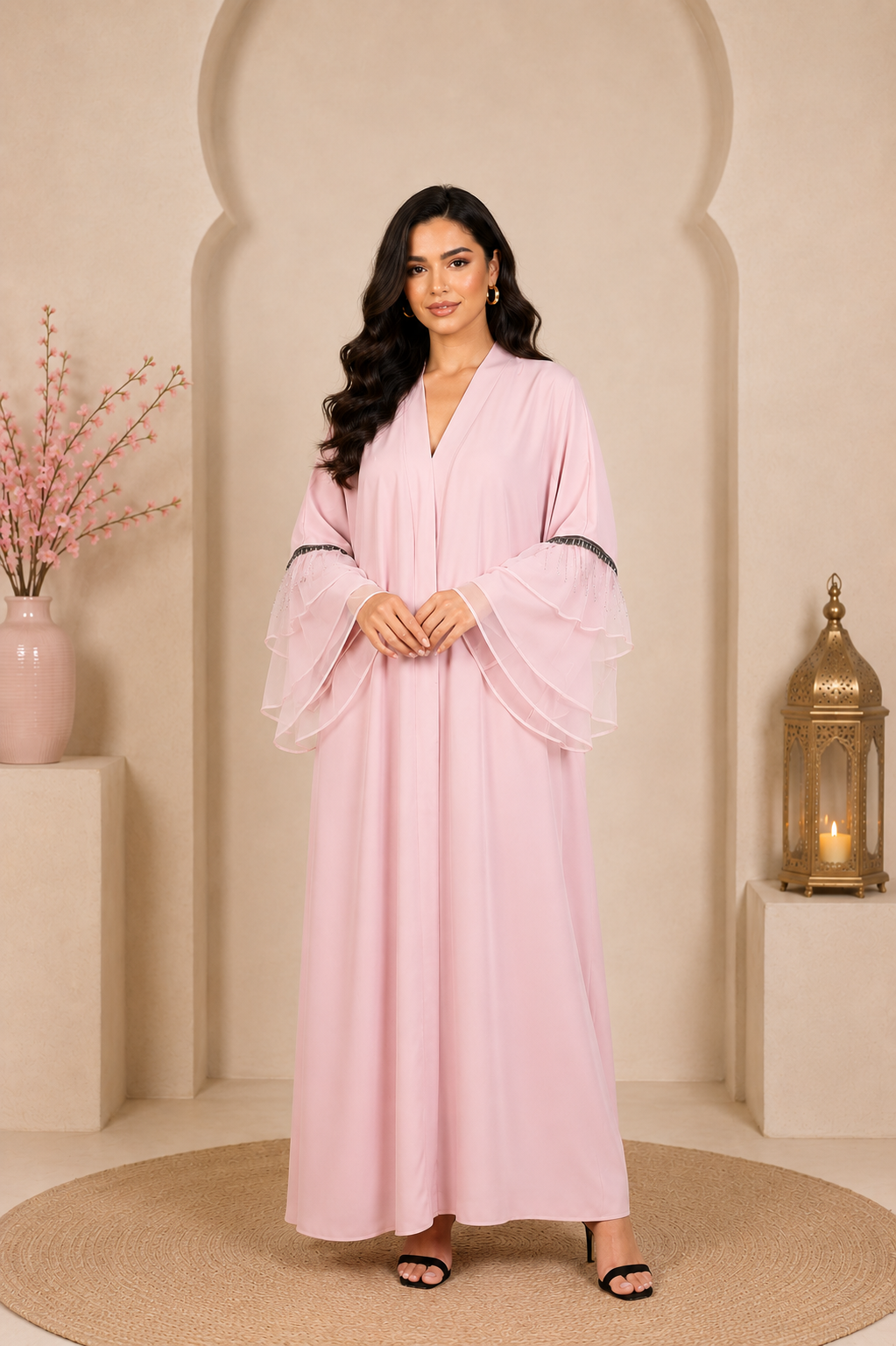 Rym Abaya Élégance – Manches Volantes & Détails Strass