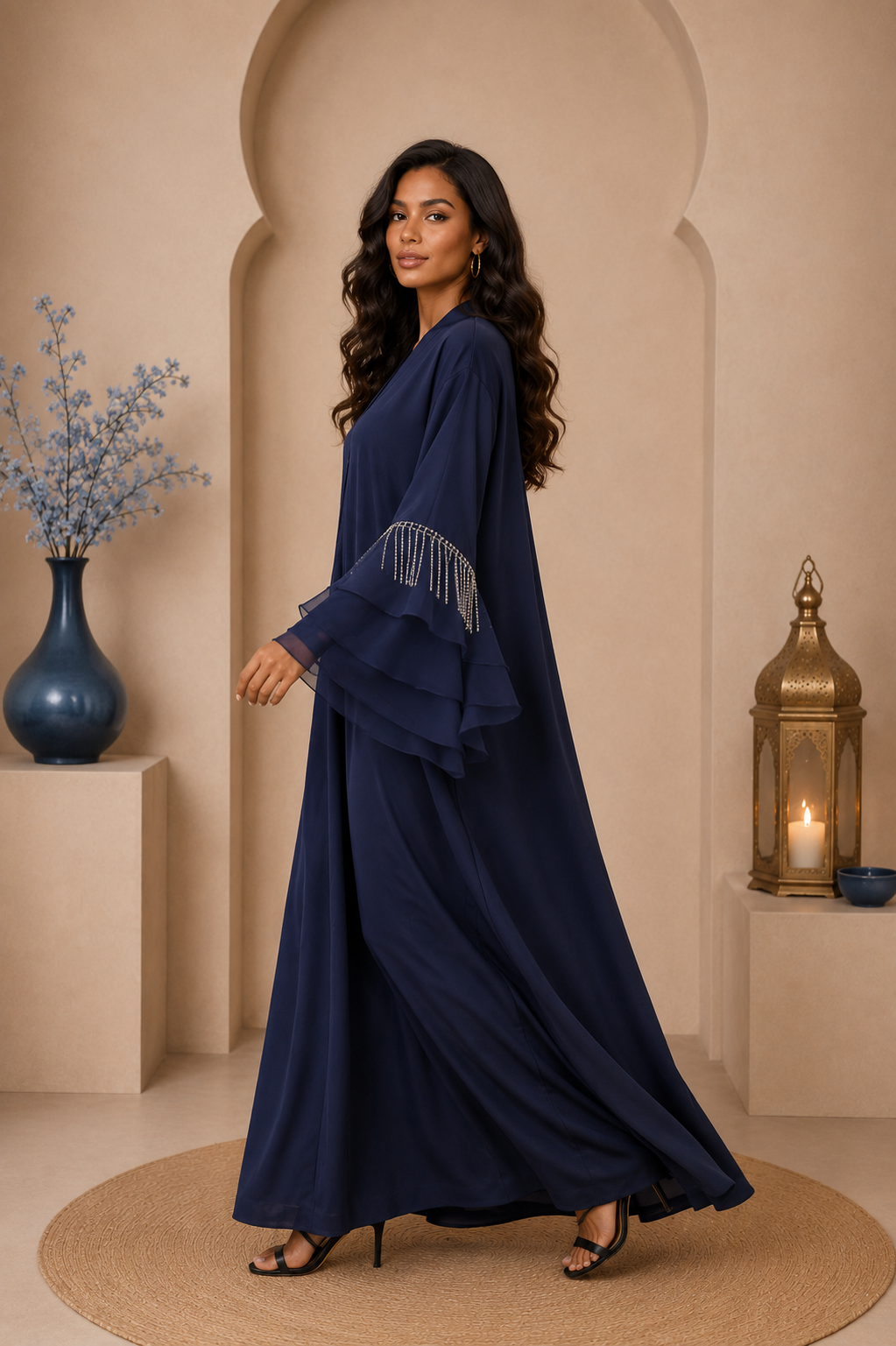 Rym Abaya Élégance – Manches Volantes & Détails Strass