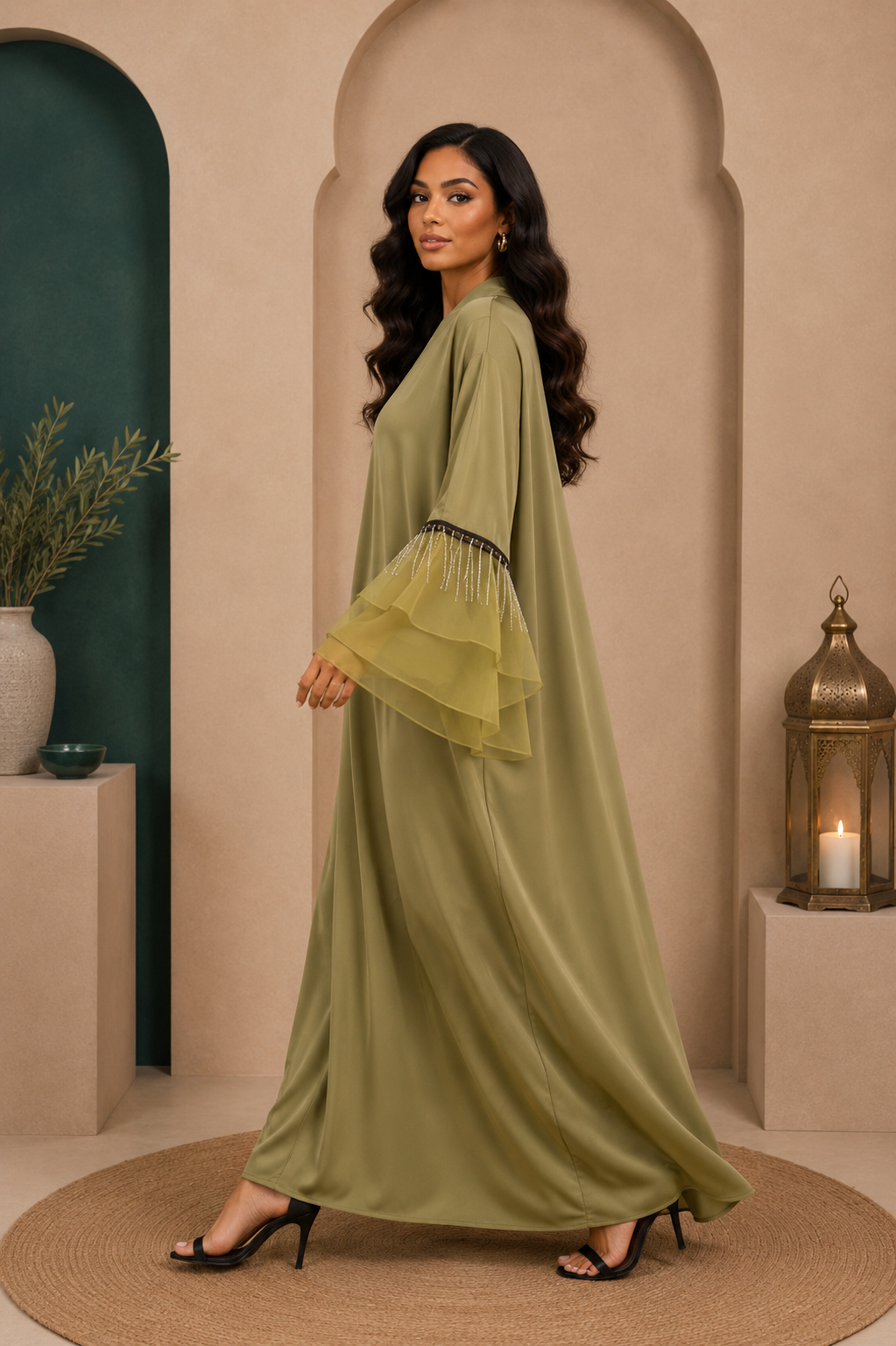 Rym Abaya Élégance – Manches Volantes & Détails Strass