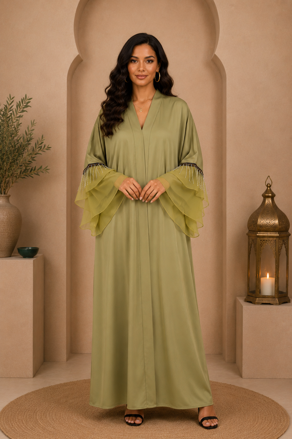 Rym Abaya Élégance – Manches Volantes & Détails Strass